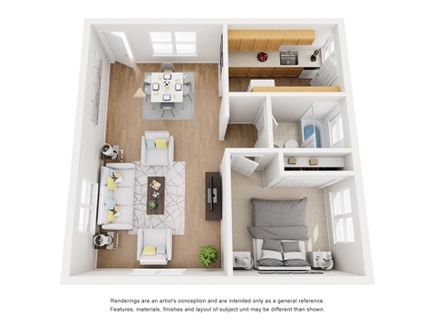 A 3D rendered image of a modern apartment layout.
